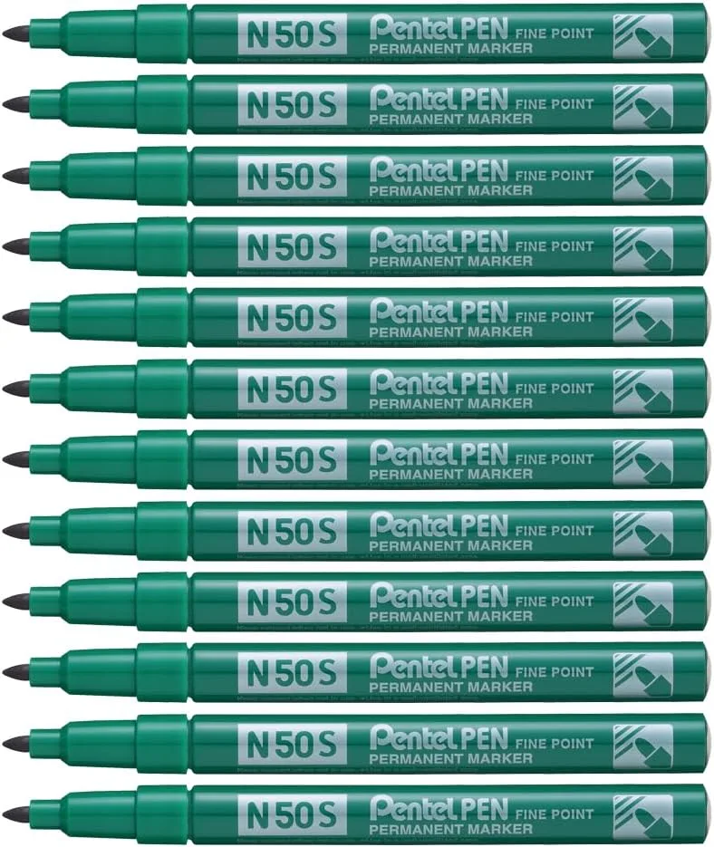 Pentel ▫️ Marcador industrial com corpo em alumínio e ponta média. Adequado para quase todas as superfícies. Cor verde. - Embalagem de 12 unidades