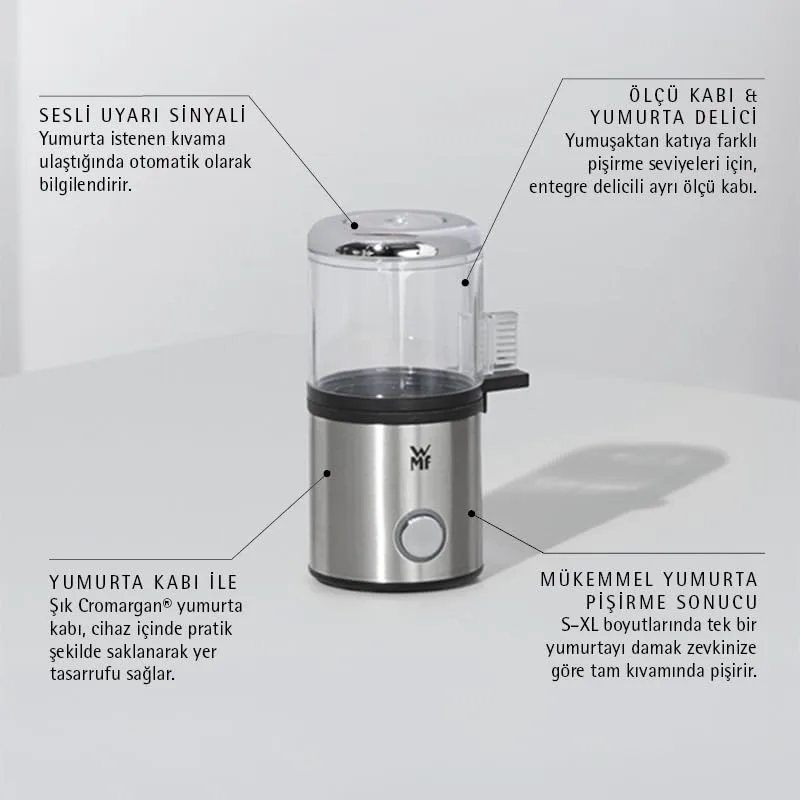 WMF ▫️ Kitchenminis - Cozedor de 1 ovo Cozedor de ovos de 55 W, com Tritan sem BPA, inclui suporte para ovos, medidor de água e acabamentos em aço inoxidável Cromargan, luz LED 4