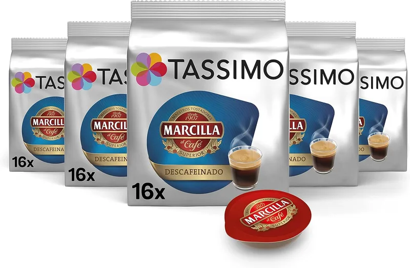 Tassimo ▫️ Cápsulas Marcilla Café Descafeinado | 80 cápsulas compatíveis com a máquina de café - Embalagem de 5 - Exclusivo da Amazon