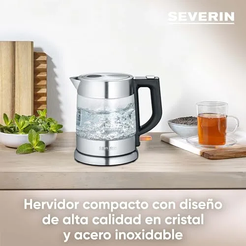 SEVERIN ▫️ Fervedor de água em vidro, jarro para ferver água com ligação sem fios, potente e compacto, fervedor elétrico com filtro anticalcário, aço inoxidável/preto, WK 3468 3