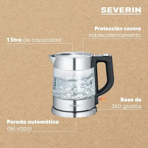 SEVERIN ▫️ Fervedor de água em vidro, jarro para ferver água com ligação sem fios, potente e compacto, fervedor elétrico com filtro anticalcário, aço inoxidável/preto, WK 3468 4