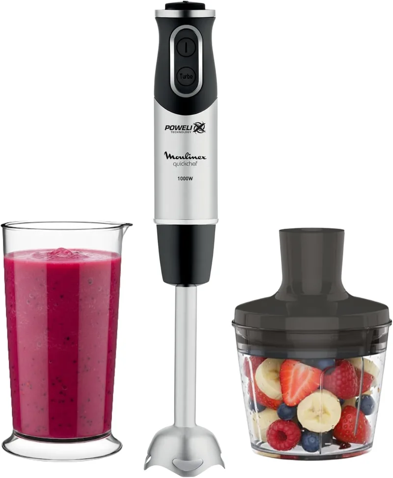 Moulinex ▫️ QuickChef, Batedeira de Mão de 1000 W, 10 velocidades variáveis e função turbo, Proteção anti-salpicos, Inclui picador de 500 ml e copo medidor de 800 ml, Preta, DD6578