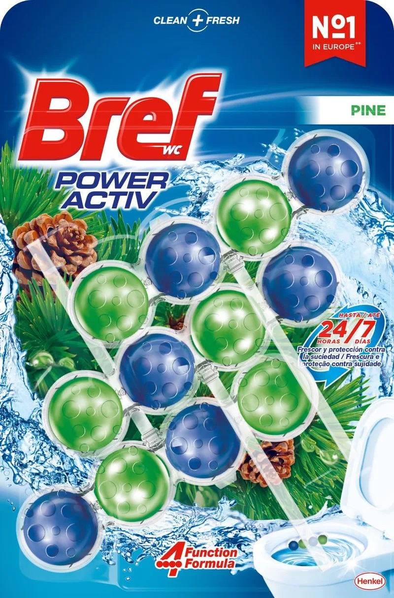 Bref ▫️ Power Activ Pine (3 unidades), produto de limpeza para casa de banho com fórmula 4 em 1, cesto higiénico e protetor para sanita, com aroma a pinheiro, produto de limpeza para casa de banho anticalcário, 24 horas de proteção