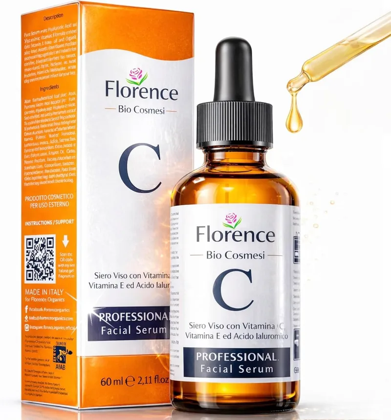 Florence ▫️ Soro Facial Orgânico com Vitamina C e Ácido Hialurónico Puro – Elimina Cicatrizes de Acne e Manchas na Pele – Efeito Antienvelhecimento – Soro BIO – Antirrugas e Iluminador Natural para o Rosto e Pescoço – 60 ml