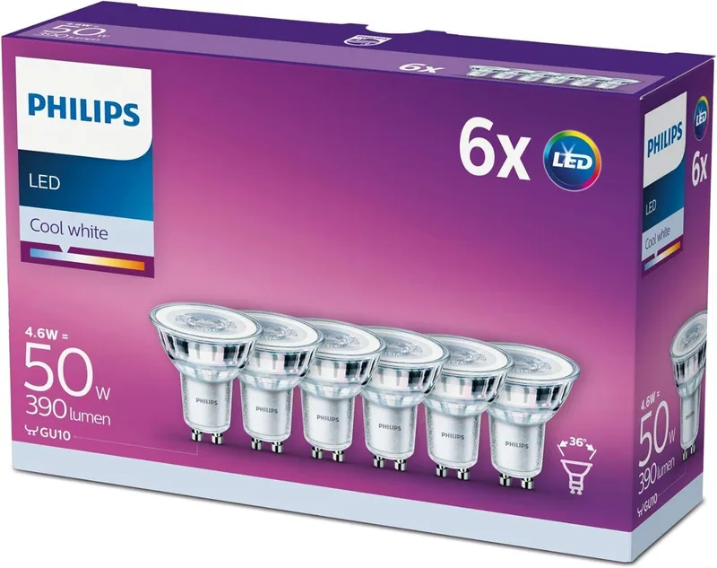 Philips ▫️ Lâmpada LED de cristal 50W GU10, luz branca fria, abertura de 36°, não regulável, embalagem com 6 unidades [Classe de eficiência energética F