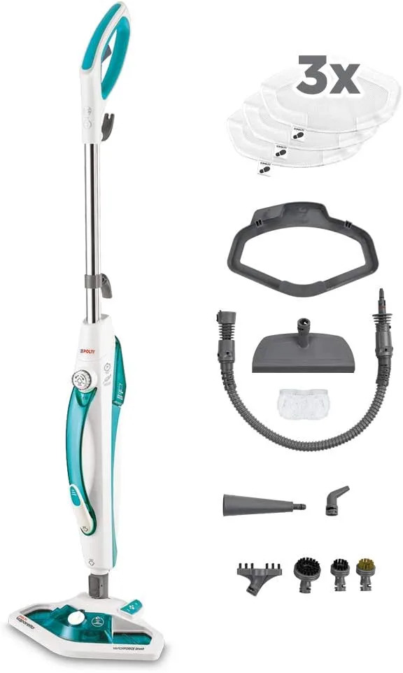 Polti ▫️ Vaporetto SV450 Double, vassoura a vapor 2 em 1 com aspirador portátil, potência máxima 1500 W, 13 acessórios incluídos, depósito amovível 0,3 L, azul claro e branco