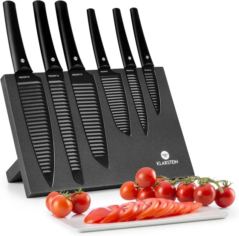 KLARSTEIN ▫️ Conjunto de facas de cozinha Kissaki - Suporte para facas, 6 tamanhos, magnético, design japonês, antiaderente, 30 x 19 x 15 cm, preto