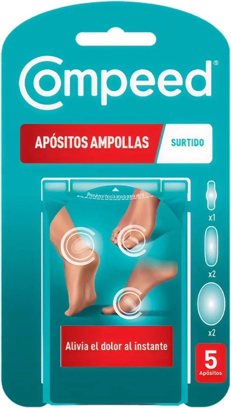 Compeed ▫️ Conjunto de bolhas, pensos hidrocolóides contra assaduras, embalagem com 5 unidades.