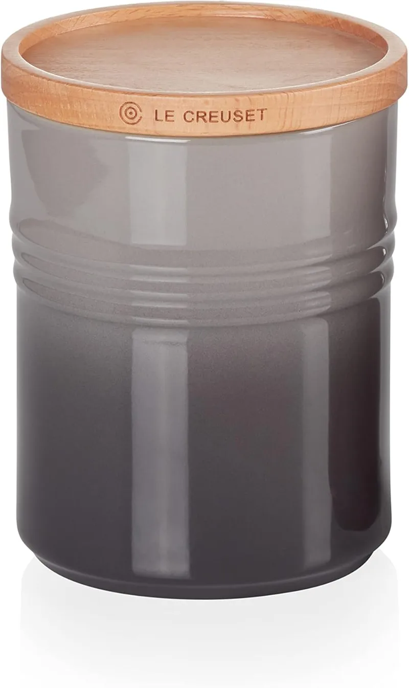 LE CREUSET Frasco médio de armazenagem em cerâmica grés com tampa de madeira, Cerâmica grés, 540 ml, 10 cm, Flint, 91044401444099