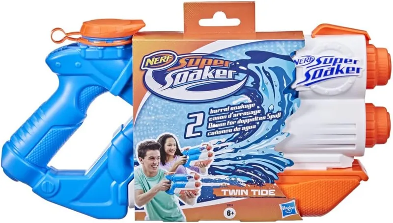 Super Soaker ▫️ Nerf - Twin Tide - Lançador de água com bomba e 2 canos - Brinquedo para brincar com água ao ar livre - Presentes para meninos e meninas a partir dos 6 anos