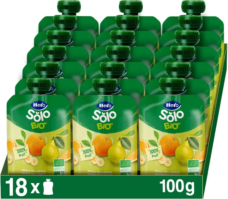 Solo ▫️ Hero - Frasco de Banana, Pera e Laranja Biológicas - Puré de fruta orgânica 100% natural, compota sem adição de açúcar, sem glúten - para bebés a partir dos 4 meses - Embalagem de 18 X 100 g