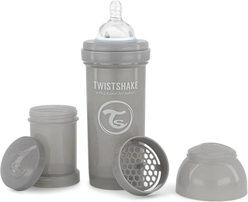 TWISTSHAKE ▫️ Biberão Anticólicos com Reservatório para Leite e Misturador, 260 ml | Tetina de silicone de fluxo médio, estilo mama | Sem BPA | Adequado para bebés a partir dos 2 meses | Cinzento
