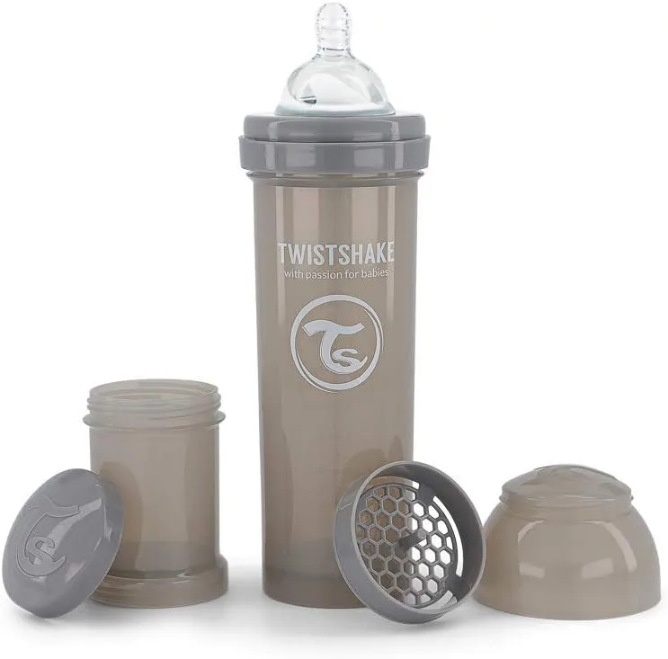 TWISTSHAKE ▫️ Biberão Anticólicos com Recipiente para Leite e Misturador, 330 ml | Tetina de silicone de fluxo rápido com formato de peito | Sem BPA | Para bebés com mais de 4 meses | Cinzento