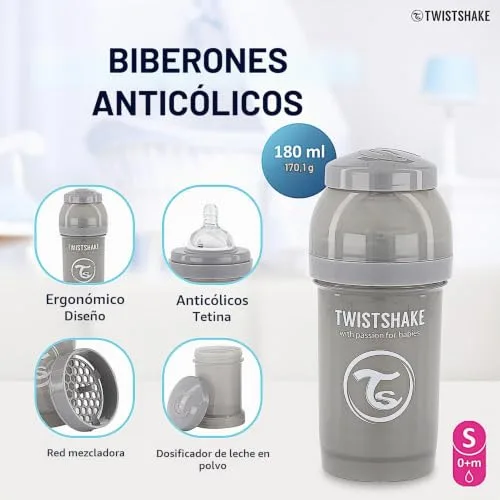 TWISTSHAKE ▫️ Biberão anti-cólicas com tetina de silicone de fluxo lento para bebés, alimentação semelhante à do peito, biberão para leite, 180 ml, sem BPA, a partir dos 0 meses, cinzento pastel 2