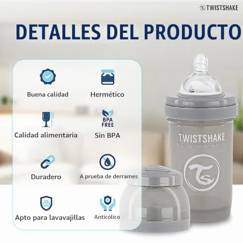 TWISTSHAKE ▫️ Biberão anti-cólicas com tetina de silicone de fluxo lento para bebés, alimentação semelhante à do peito, biberão para leite, 180 ml, sem BPA, a partir dos 0 meses, cinzento pastel 3