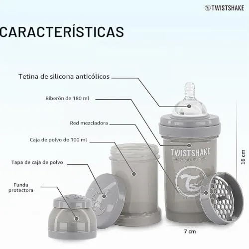 TWISTSHAKE ▫️ Biberão anti-cólicas com tetina de silicone de fluxo lento para bebés, alimentação semelhante à do peito, biberão para leite, 180 ml, sem BPA, a partir dos 0 meses, cinzento pastel 4