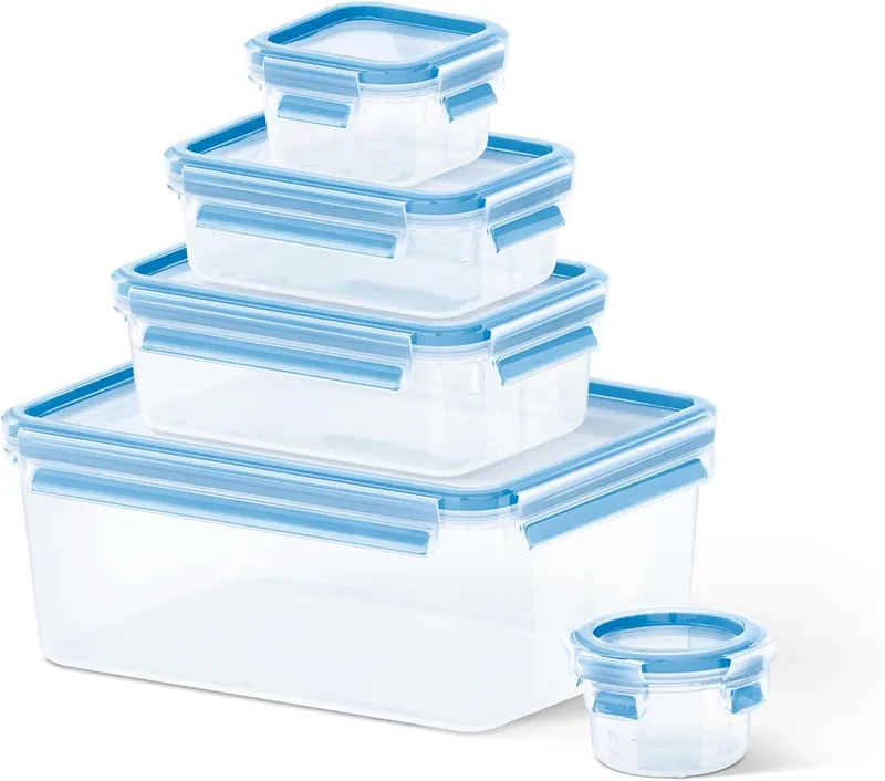 Tefal ▫️ Masterseal, Conjunto de 5 peças, Recipientes herméticos de plástico, 0,15/0,25/0,55/1/3,70 L, Recipientes para alimentos, Retangulares, Azuis, K3029012