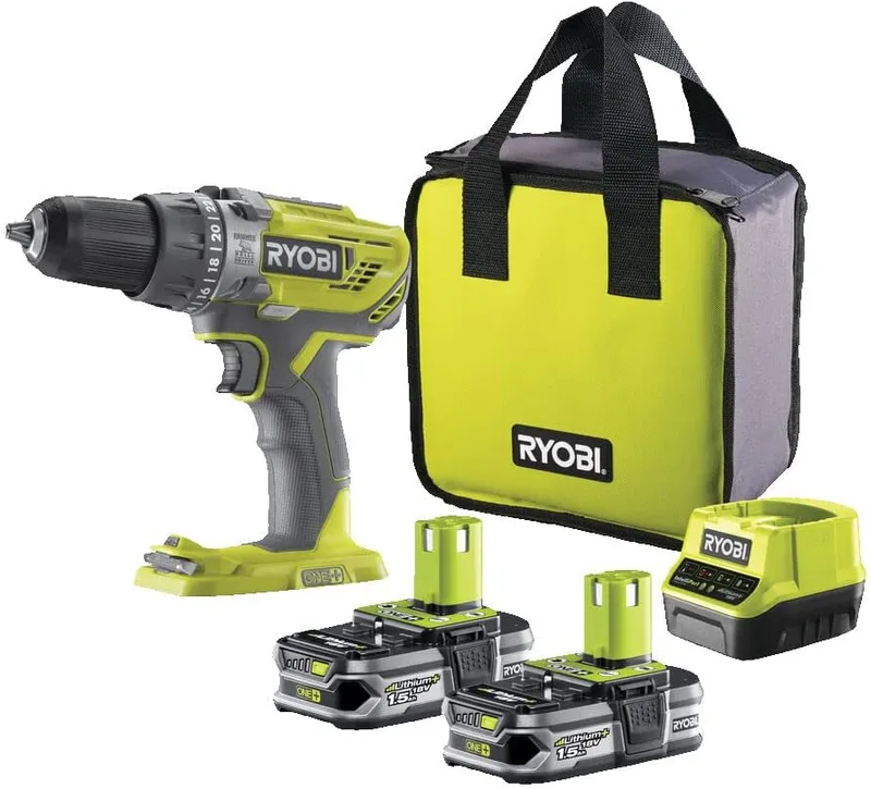 Ryobi ▫️ Berbequim de percussão e aparafusadora sem fios 18 V ONE+ com 2 baterias de 1,5 Ah, carregador e bolsa - 2 velocidades