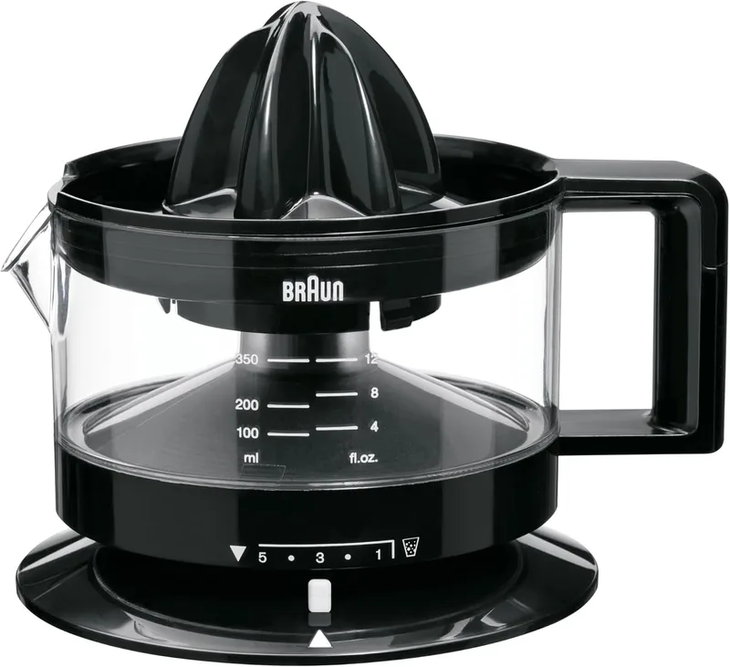 Braun ▫️ Hogar TributeCollection CJ3000 BK - Espremedor elétrico, 20 W, 350 ml, quantidade de polpa ajustável, lavável na máquina de lavar louça, cor preta