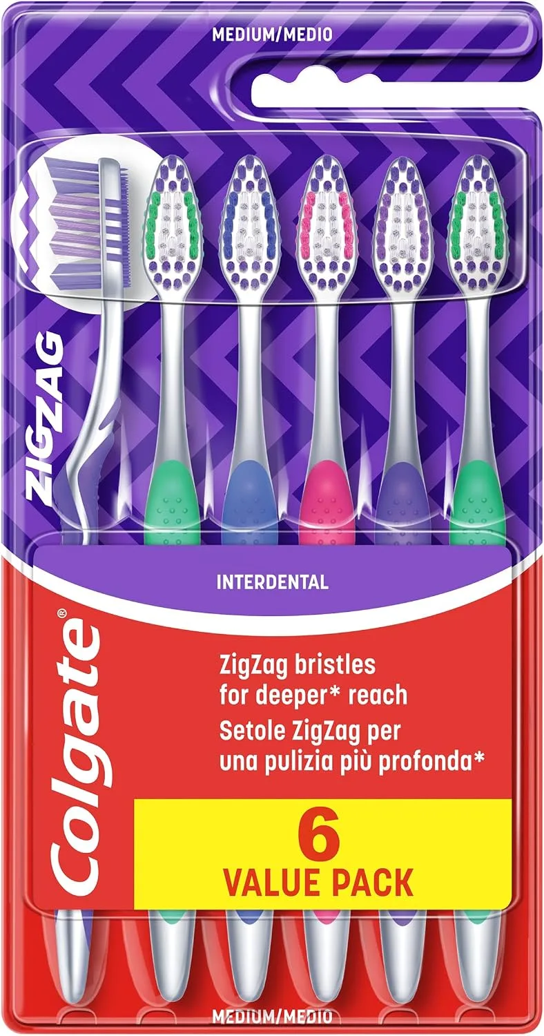 Colgate ▫️ ZigZag, Escova de Dentes de Dureza Média, Limpeza Interdental, Embalagem de 6