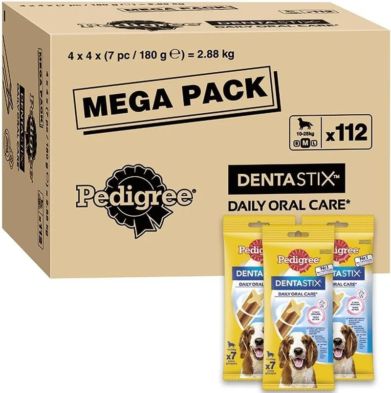 Pedigree ▫️ Dentastix Daily Dental Cleaner Pack para Cães Médios, Sabor a Carne de Vaca e Frango, 180 g (Embalagem de 16)