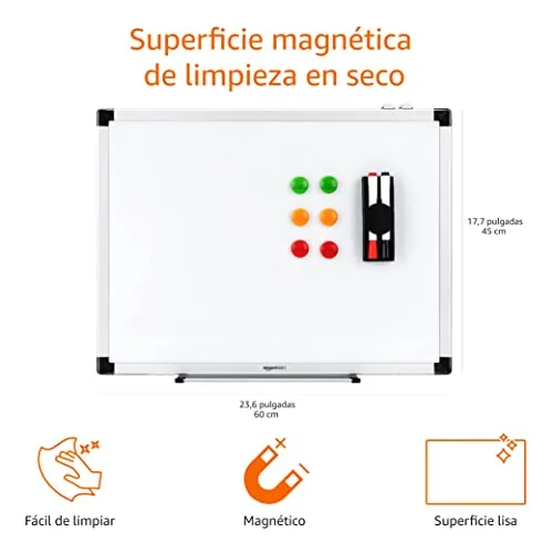 Amazon Basics ▫️ Quadro Branco Magnético com Moldura de Alumínio, Bandeja para Marcadores, 6 Ímanes, 1 Apagador e 2 Marcadores para Utilização no Escritório e em Casa, Montagem na Parede, Apagável a Seco, 60 x 45 cm 2