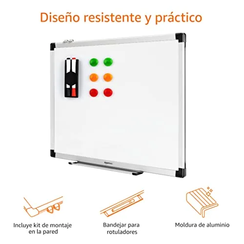 Amazon Basics ▫️ Quadro Branco Magnético com Moldura de Alumínio, Bandeja para Marcadores, 6 Ímanes, 1 Apagador e 2 Marcadores para Utilização no Escritório e em Casa, Montagem na Parede, Apagável a Seco, 60 x 45 cm 3