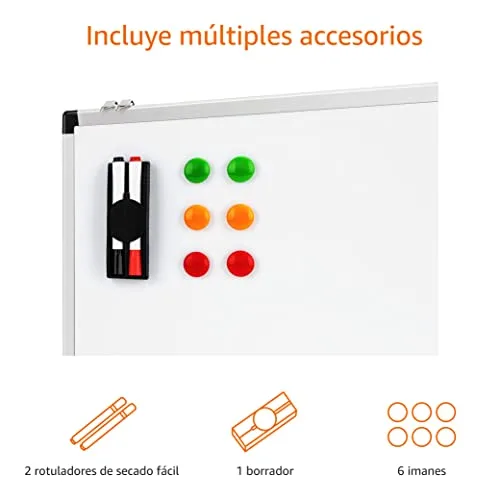 Amazon Basics ▫️ Quadro Branco Magnético com Moldura de Alumínio, Bandeja para Marcadores, 6 Ímanes, 1 Apagador e 2 Marcadores para Utilização no Escritório e em Casa, Montagem na Parede, Apagável a Seco, 60 x 45 cm 4