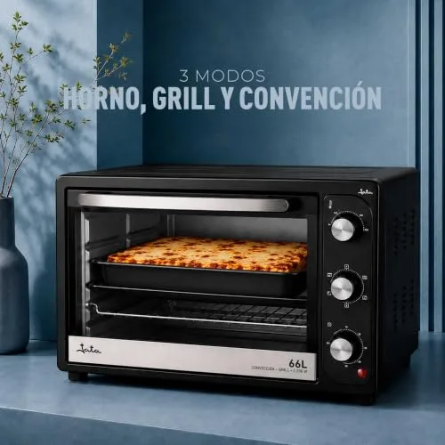 Jata ▫️ HN966 - Forno elétrico de mesa de 66 L com convecção e grelha, 2 200 W, 3 funções, termóstato regulável, temporizador de 60 minutos, luz interior, tabuleiro e grelha 3