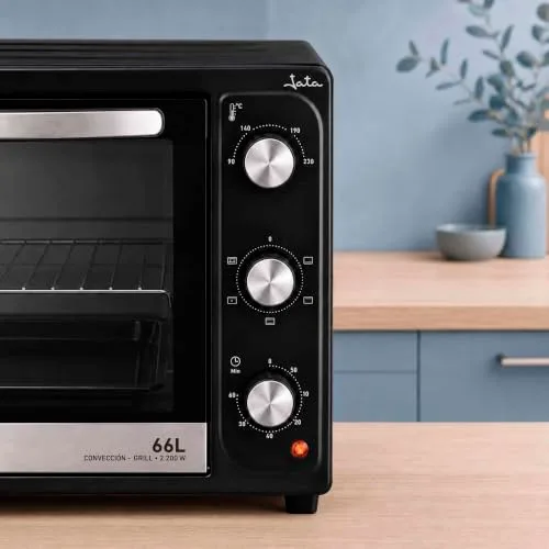 Jata ▫️ HN966 - Forno elétrico de mesa de 66 L com convecção e grelha, 2 200 W, 3 funções, termóstato regulável, temporizador de 60 minutos, luz interior, tabuleiro e grelha 6