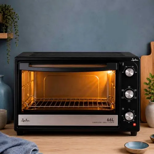 Jata ▫️ HN966 - Forno elétrico de mesa de 66 L com convecção e grelha, 2 200 W, 3 funções, termóstato regulável, temporizador de 60 minutos, luz interior, tabuleiro e grelha 7
