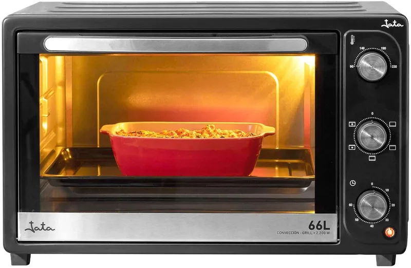 Jata ▫️ HN966 - Forno elétrico de mesa de 66 L com convecção e grelha, 2 200 W, 3 funções, termóstato regulável, temporizador de 60 minutos, luz interior, tabuleiro e grelha