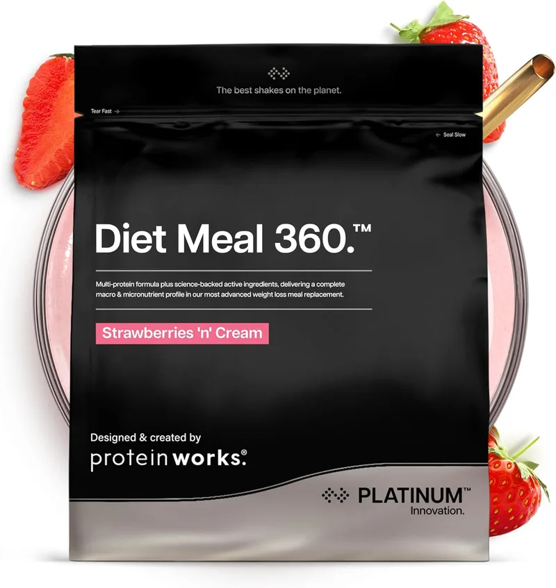THE PROTEIN WORKS ▫️ Protein Works | Diet Meal 360 - PLATINUM Innovation, batido substituto de refeição, ajuda a perder peso, 26 vitaminas e minerais, linhaça, inulina, ómega 3, morangos com natas, 33 refeições, 2 kg