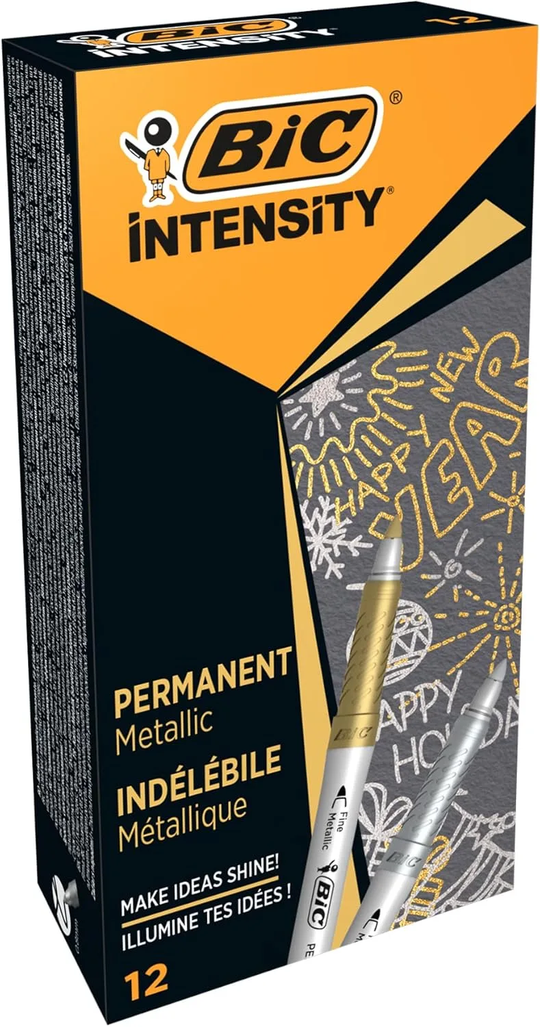 BIC ▫️ Canetas Marcadoras Permanentes Intensity - Médio Cónico - Metálicas, Caixa de 12