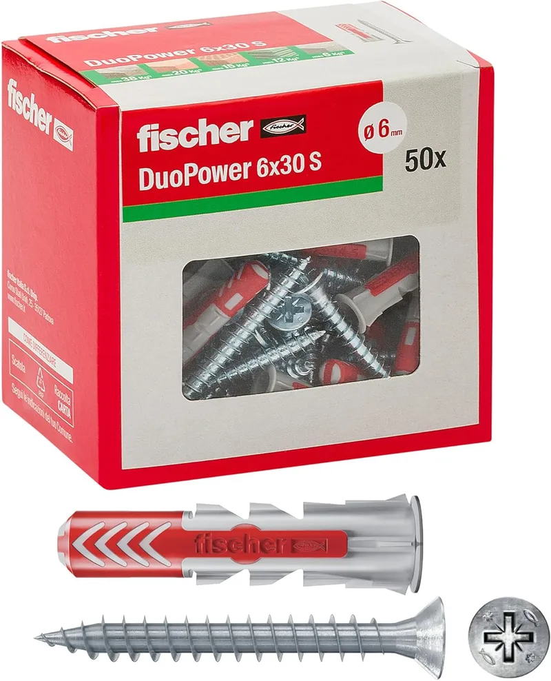 fischer ▫️ Duopower 544016 - Tampões para parafusos, 6 x 30 mm, para parede completa, tijolo perfurado, placa de gesso, 544016, cor cinzenta