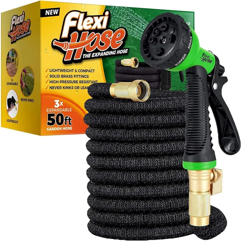 Flexi Hose ▫️ Mangueira flexível Flexi-Hose com bocal de 8 funções, mangueira de jardim leve, flexível e expansível, acessórios de latão maciço de 3/4" e núcleo duplo de látex, 50 pés, preto, com bocal de 8 funções.