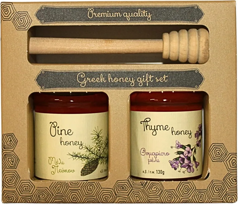 Melissokomiki Dodecanesse ▫️ Conjunto de mel grego com colher: Mel de tomilho cru 130 g + Mel de pinho 130 g: Pacote de oferta Premium de Rodes, Grécia: Artesanato natural