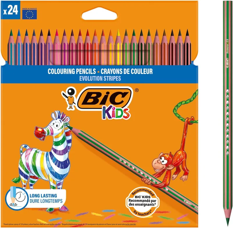 BIC ▫️ Kids Evolution Stripes Lápis de cor - Cores sortidas, Blister com 24 unidades
