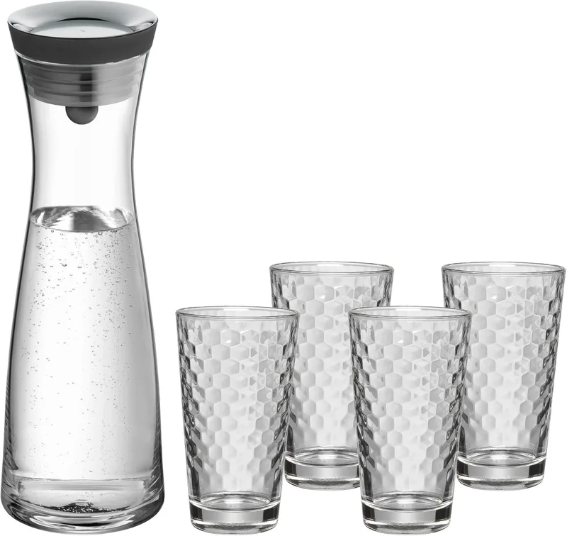 WMF ▫️ Conjunto de 5 jarros de água básicos, jarro de 1 l com 4 copos de água de 275 ml, jarro de vidro com tampa, tampa de silicone, fecho Closeup