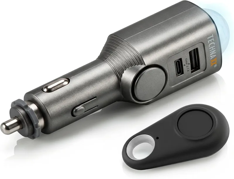 Technaxx ▫️ Alarme para automóvel com sensor de movimento PIR – Alarme plug-in de 12–24 V com sirene de 110 dB, bateria com autonomia de 6 dias, portas USB-A e USB-C, ecrã LED e comando à distância - Modelo atualizado de 2026 - TX-100