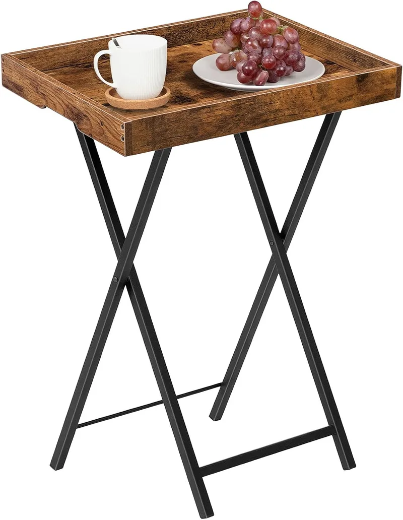 HOOBRO ▫️ Mesa Auxiliar com Tabuleiro, Sofá Dobrável com Tabuleiro Retirável em Madeira, Mesa de Café de Estilo Vintage com Estrutura Metálica, Estilo Industrial Contemporâneo, Castanho Rústico EBF29BZ01