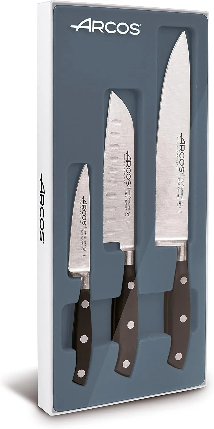 Arcos ▫️ Série Riviera Conjunto de Facas de Cozinha, Lâmina em aço inoxidável forjado Nitrum, Cabo em polioximetileno (POM), Preto