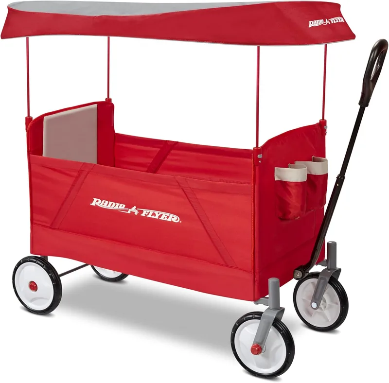 Radio Flyer ▫️ EZ with Canopy Vagão dobrável, vermelho, Carrinho dobrável para crianças com mais de 1,5 anos, Carrinho de jardim e de carga