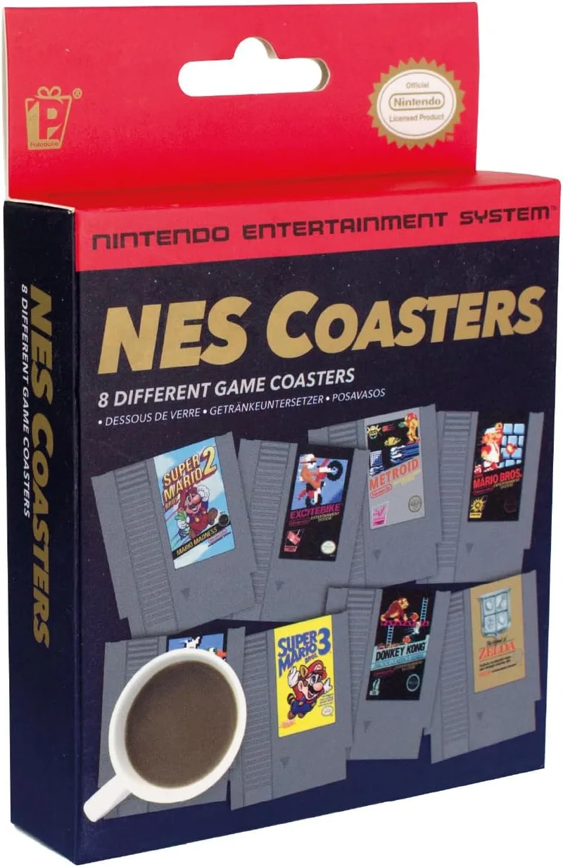 Paladone ▫️ Bases para copos Retro NES Nintendo - Conjunto de 8 bases para copos oficiais com jogos clássicos, prenda para jogadores