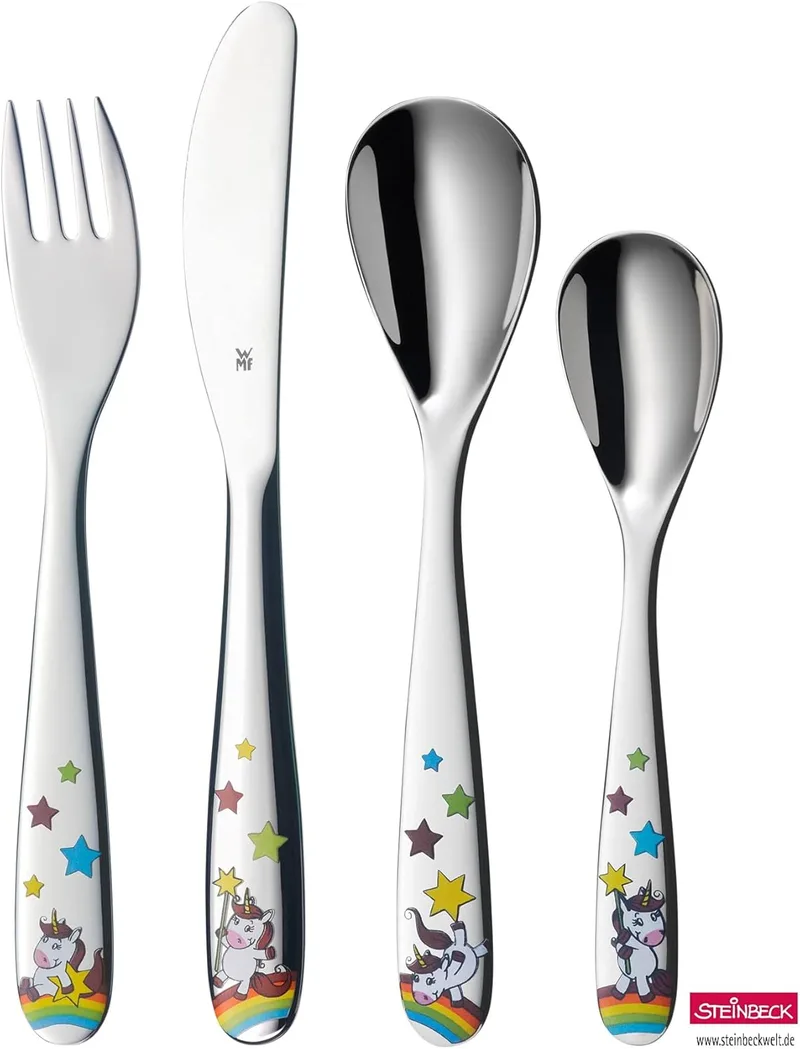 WMF ▫️ Unicórnio - Conjunto de talheres para crianças 4 peças (garfo, faca de mesa, colher e colher pequena) (Kids Kids Kids)