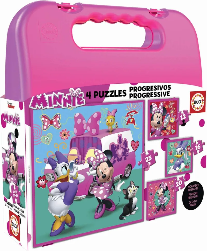Educa ▫️ 4 puzzles para crianças Minnie Happy Helpers | Mala com 4 puzzles progressivos | Idade 3+ (17638)