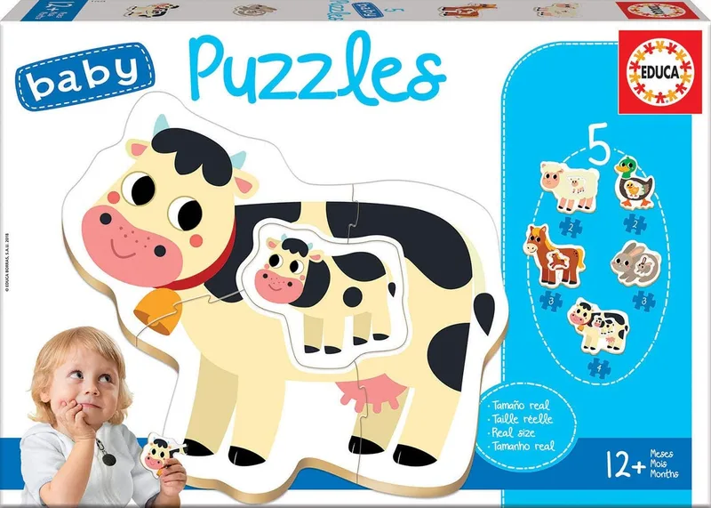 Educa ▫️ Puzzles Animais da Quinta para Bebés. Conjunto de 5 puzzles progressivos para crianças de 2 a 4 peças. A partir dos 12 meses (17574)