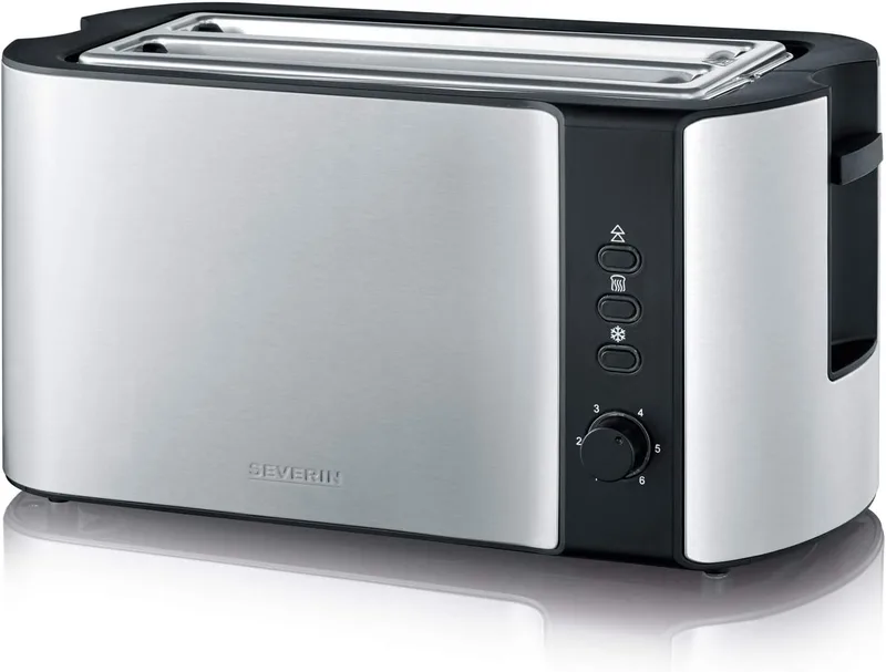 Severin ▫️ Torradeira automática de ranhura larga, torradeira larga com suporte para pãezinhos, torradeira dupla para aquecer e descongelar, 1400 W, aço inoxidável escovado/preto, AT 2590