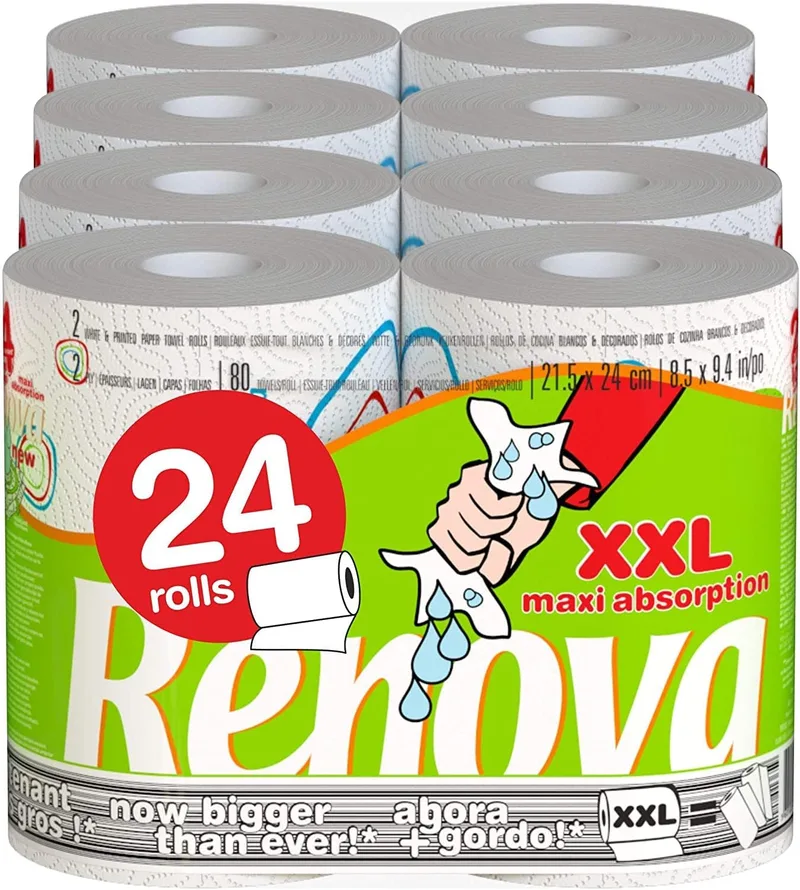 RENOVA ▫️ Rolo de Cozinha Duplo Decorado - 12 embalagens de 2 rolos - Total: 24 rolos