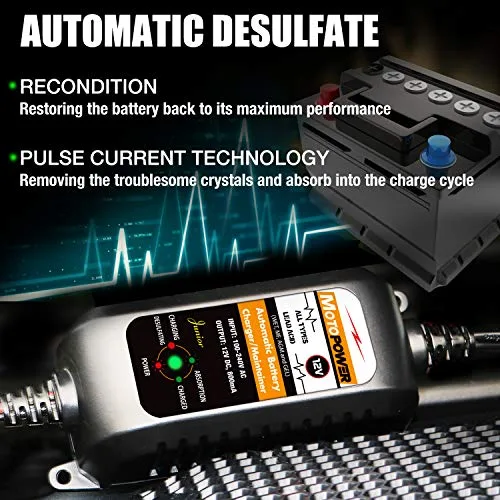 MOTOPOWER ▫️ MP0205A 12 V 800 mA Carregador automático de baterias/mantenedor para automóveis, motociclos, ATVs, autocaravanas, veículos desportivos motorizados, barcos e muito mais. Inteligente, compacto e amigo do ambiente 4